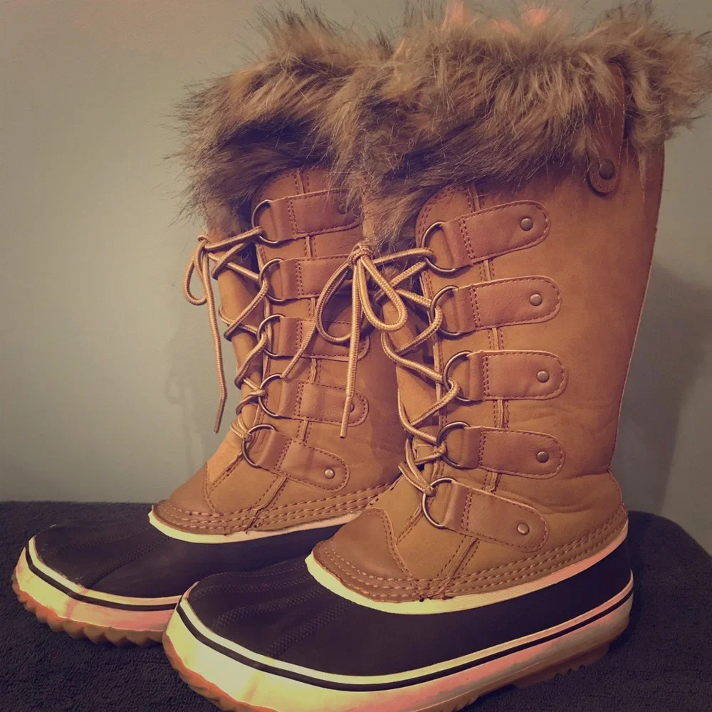 JBU Women's Brown Tan Fur-Trim Winter Rain Boots